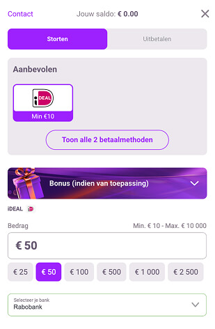iDEAL selecteren als betaalmethode in de kassalade van een online casino