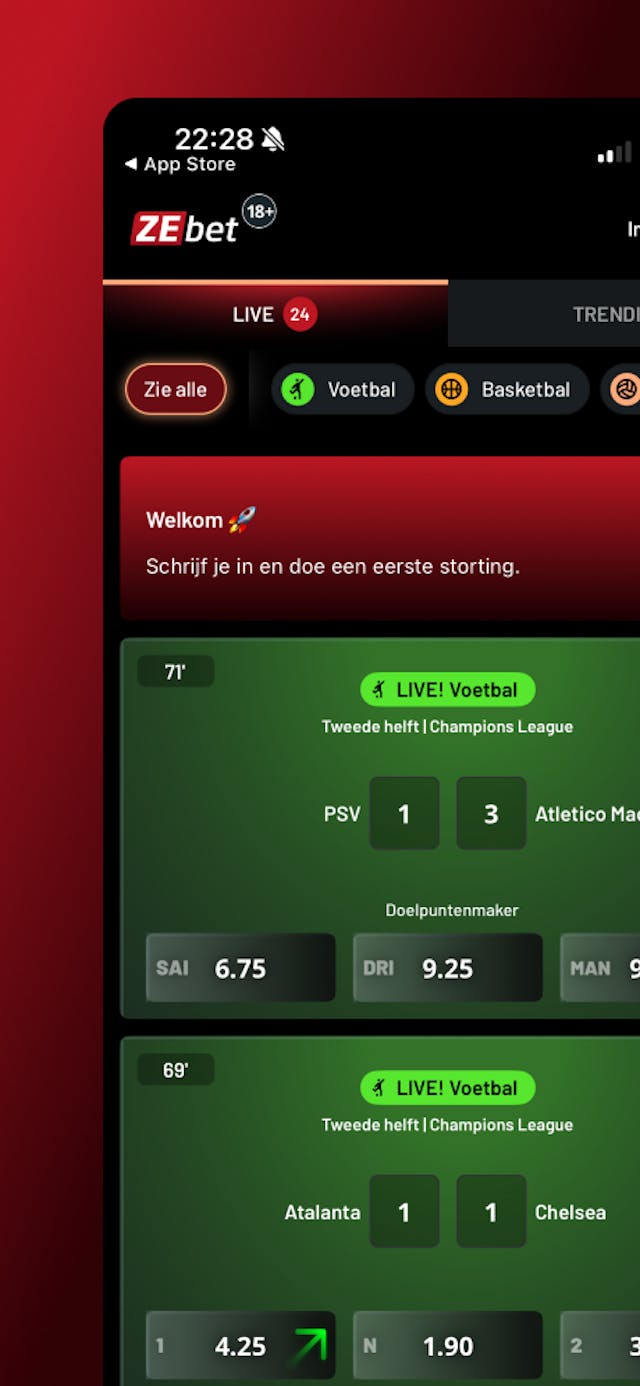 Live wedden op wedstrijden in de app