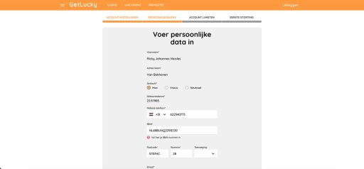getlucky account aanmaken stap 3: aanvullende gegevens invullen