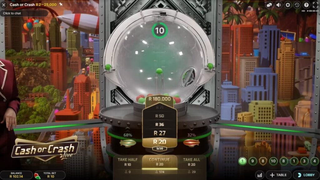 Cash or Crash machine toont ballen die rond gaan