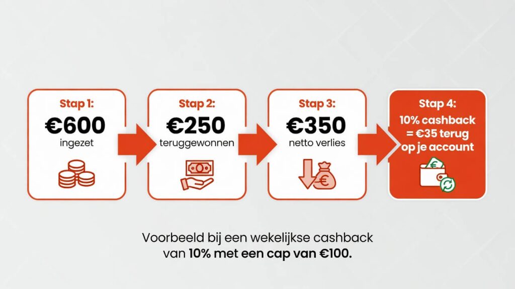 Rekenvoorbeeld cashback bonus berekening: 10% over €350 netto verlies is €35 cashback