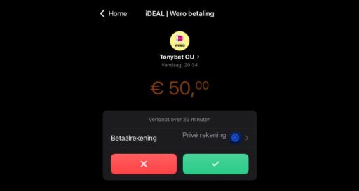 Betaling bevestigen in de bank-app bij een iDEAL storting in een online casino
