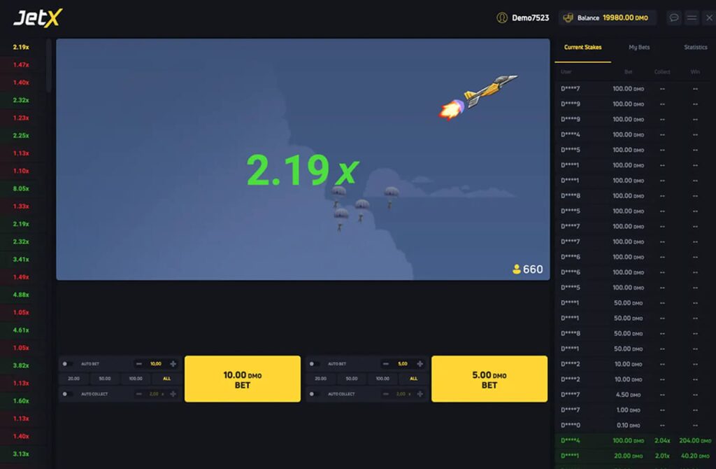 Jet X crash game screenshot met retro straaljager, vallende parachutisten en een lopende multiplier van 2.19x