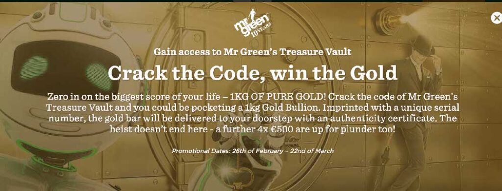 Kraak de Code en Win 1 KG Goud bij Mr Green Casino!