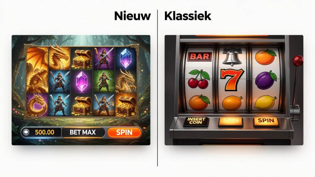 Vergelijking tussen een nieuwe gokkast met moderne graphics en een klassieke fruitmachine