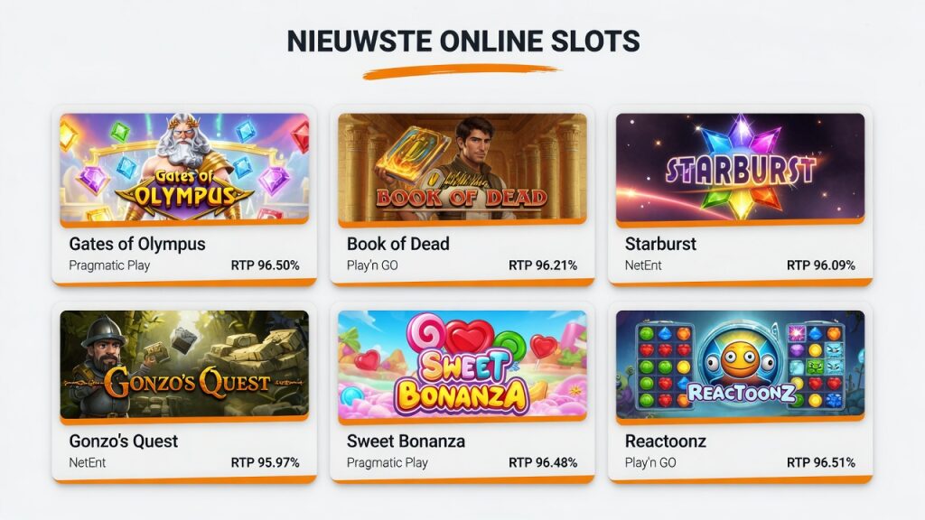 Overzicht van nieuwe gokkasten 2026 op een rij van schermen