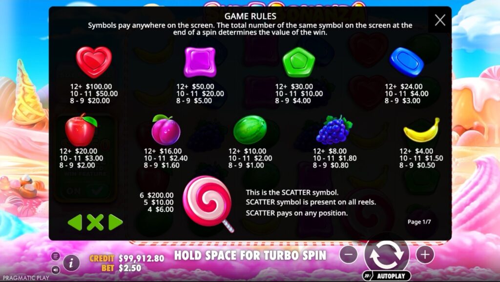 Uitleg over game rules en wat de symbolen waard zijn.