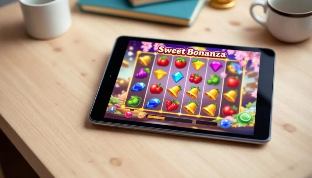 Sweet Bonanza op een iPad liggend op tafel
