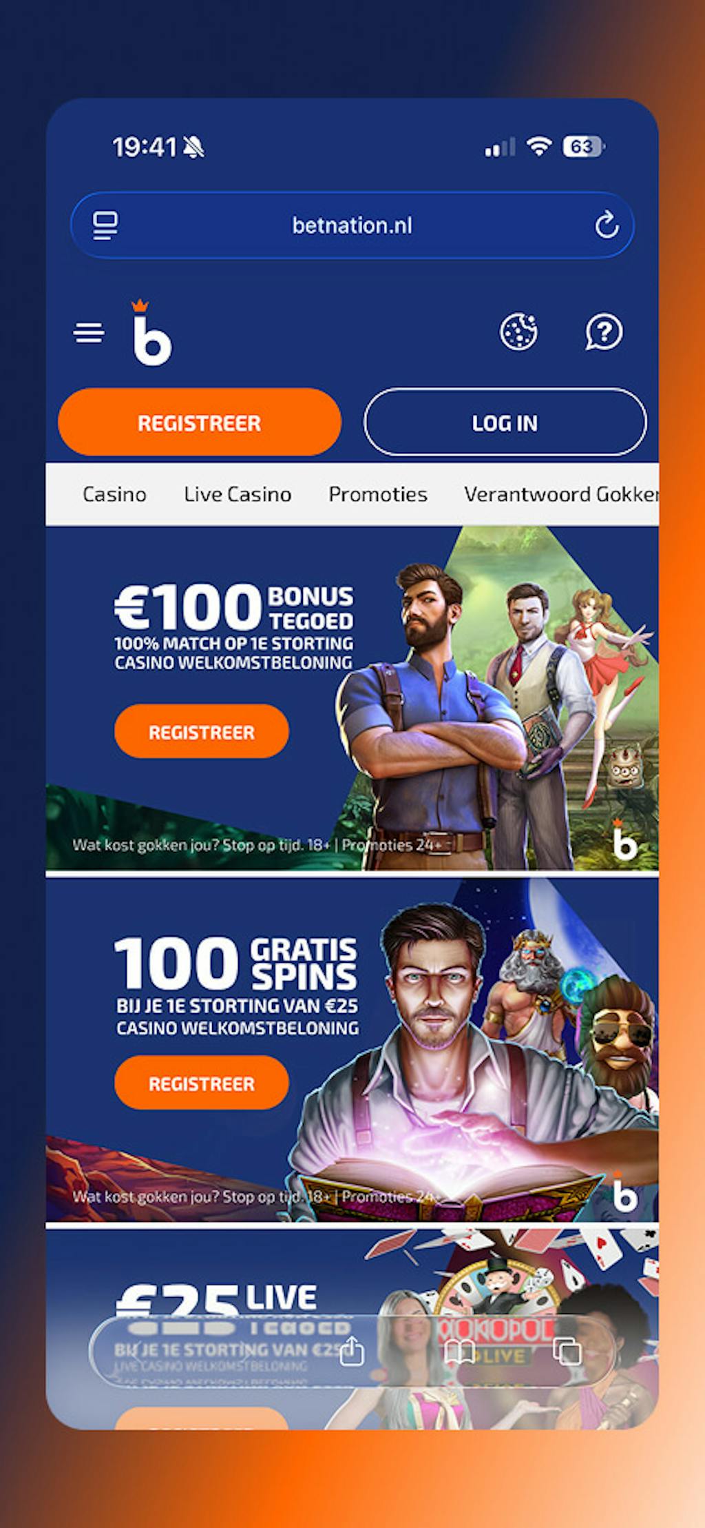 Betnation homepage op mobiel