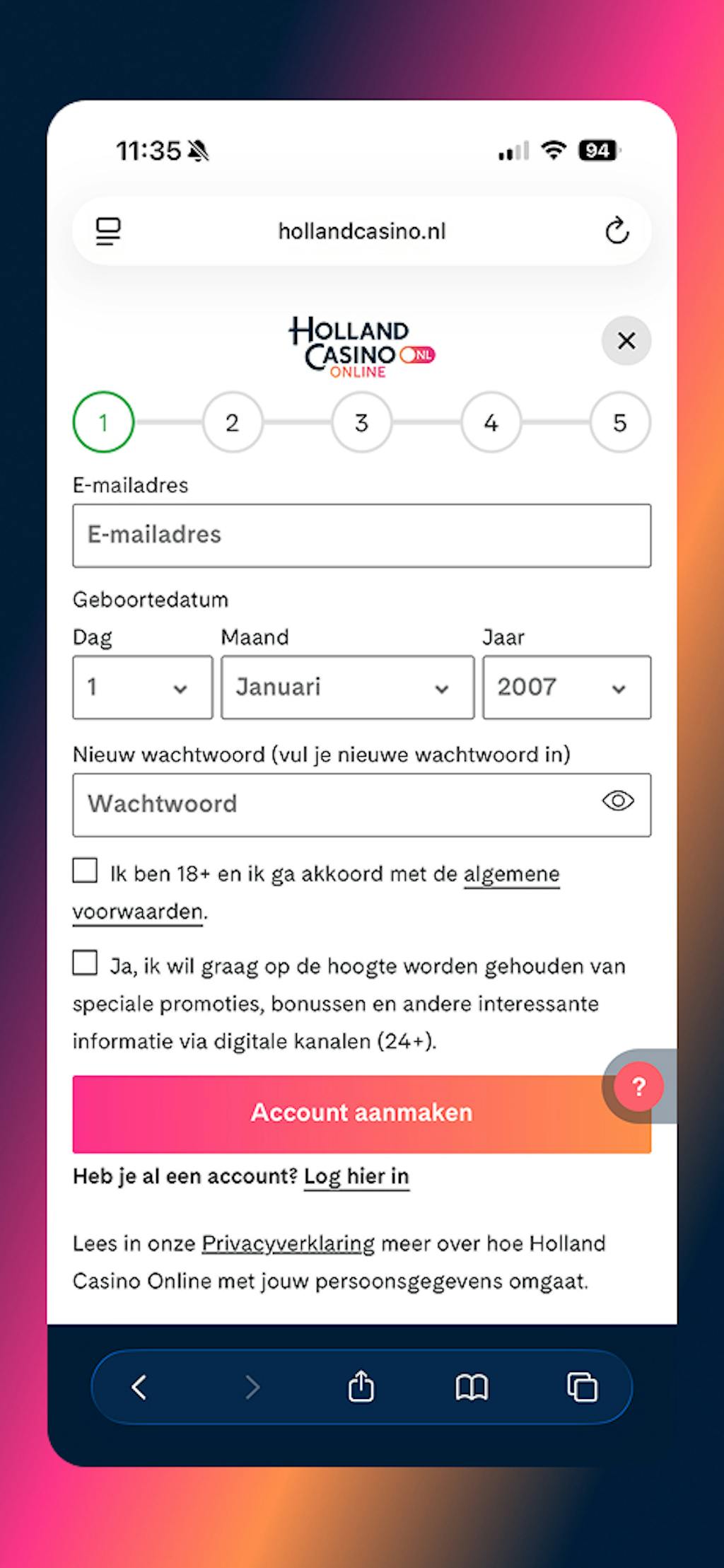 Holland Casino registratieformulier op mobiel
