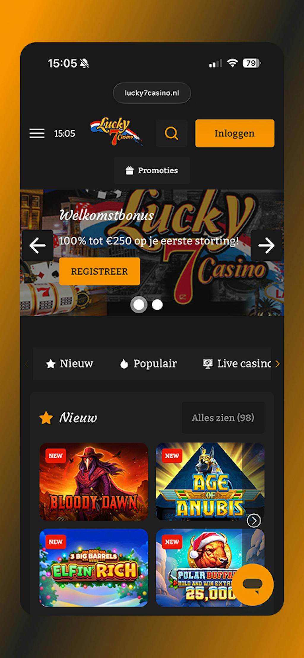 Lucky 7 Casino Screenshot Homepage op een iPhone