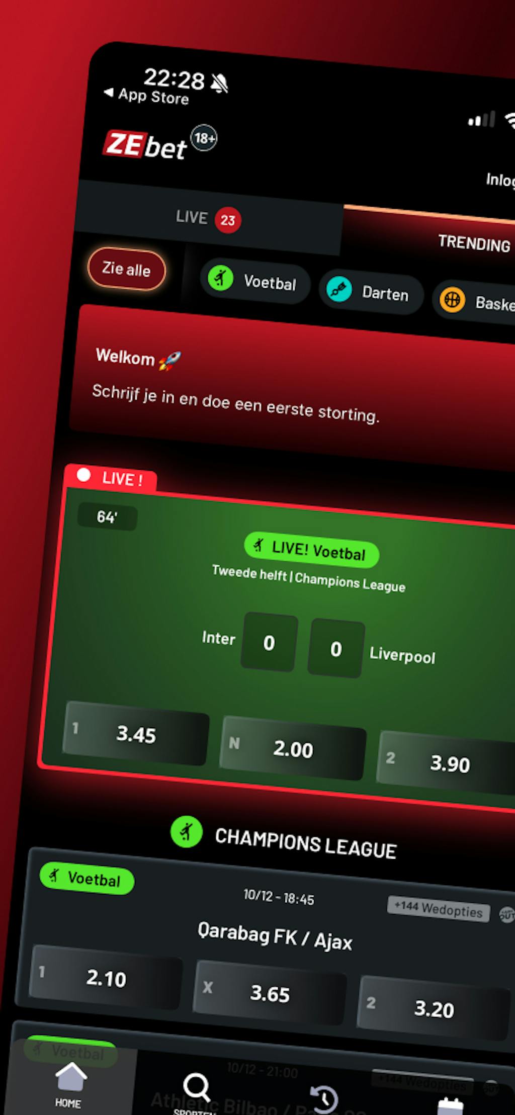 ZEbet overzicht wedstrijden in de app