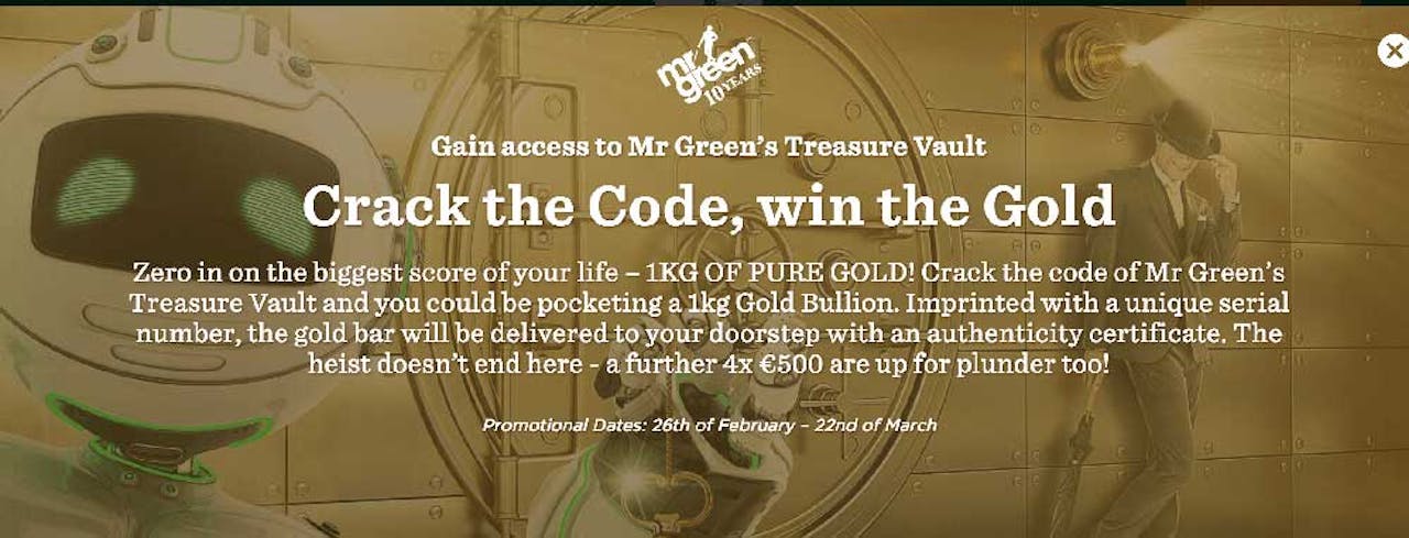 Kraak de Code en Win 1 KG Goud bij Mr Green Casino!